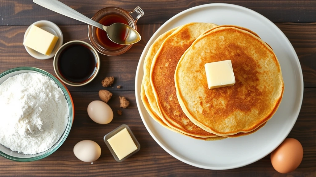 Overhead flat lay comparison of homemade premium pancake stack with real butter, pure maple syrup in glass container, fresh eggs, quality flour in bowl, and whole ingredients arranged artfully on wooden surface, natural daylight, food styling composition