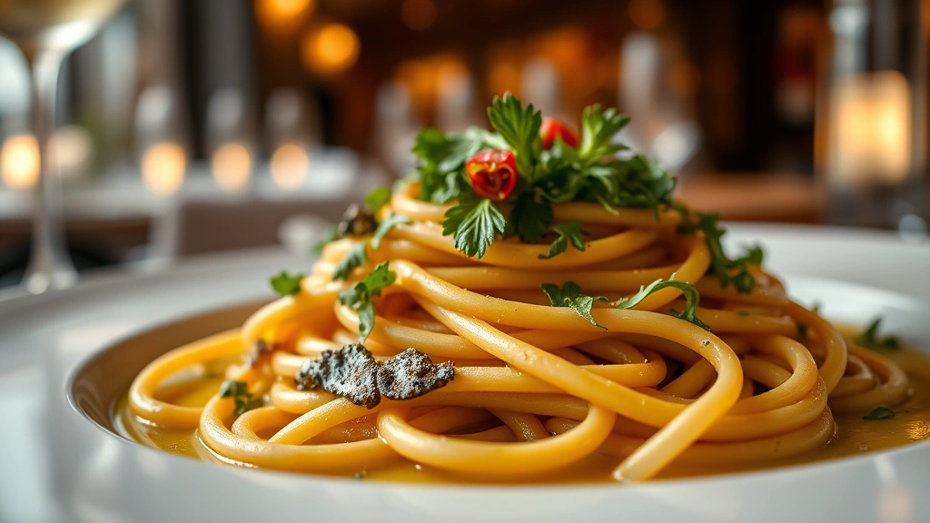 Close-up of elegant plated pasta dish with fresh herbs and truffle oil, professional restaurant presentation, shallow depth of field, warm restaurant lighting, fine dining aesthetic