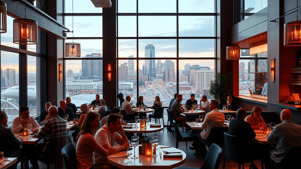 Modern restaurant interior with diners seated at tables, casual elegant atmosphere, Denver skyline visible through windows, warm ambient lighting, people enjoying meals