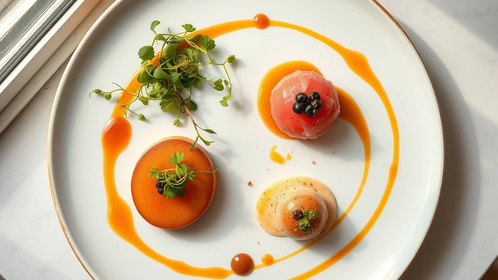 Overhead shot of elegant three-course plated dinner with vibrant microgreens, gold leaf accents, and artistic sauce swirls on white ceramic, soft natural window lighting highlighting food textures