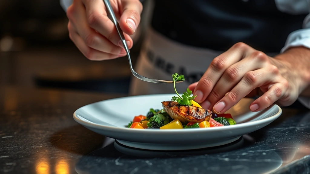 Close-up of chef's hands plating a sophisticated dish with tweezers, featuring fresh herbs, perfectly seared protein, and colorful vegetable elements against dark kitchen counter, warm professional lighting
