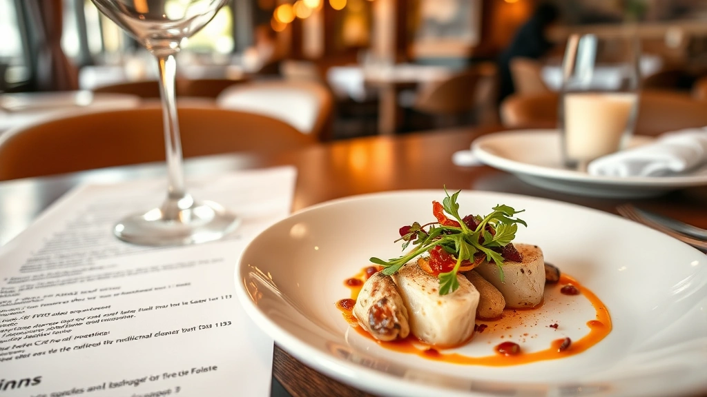 Flat lay of restaurant menu with wine glass, napkin, and partial view of plated appetizer showing delicate composition, seasonal garnishes, and restaurant ambiance in soft focus background