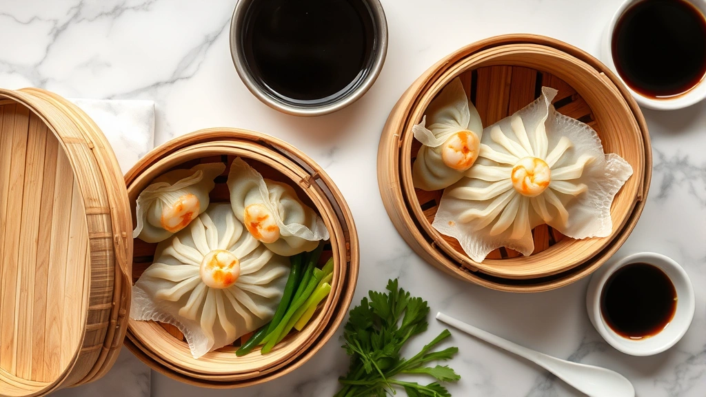 Overhead view of steaming bamboo baskets containing har gow shrimp dumplings with translucent wrappers, fresh green vegetables, and a small white porcelain spoon on marble table with soy sauce dish