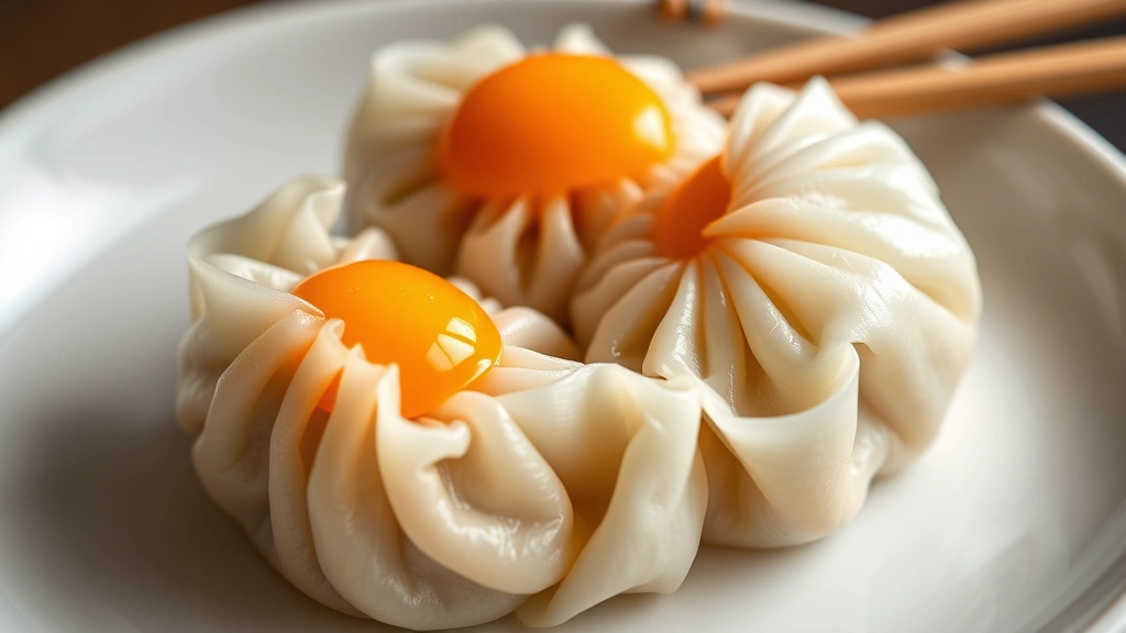 Close-up macro photography of perfectly pleated siu mai pork dumplings topped with single orange egg yolks, showing intricate wrapper detail and savory filling texture, served on traditional white ceramic plate with chopsticks