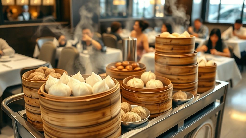 Dim sum restaurant cart scene showing multiple bamboo steamers stacked with various dumplings, buns, and rolls, soft steam rising, with blurred dining room background and customers at tables with teacups