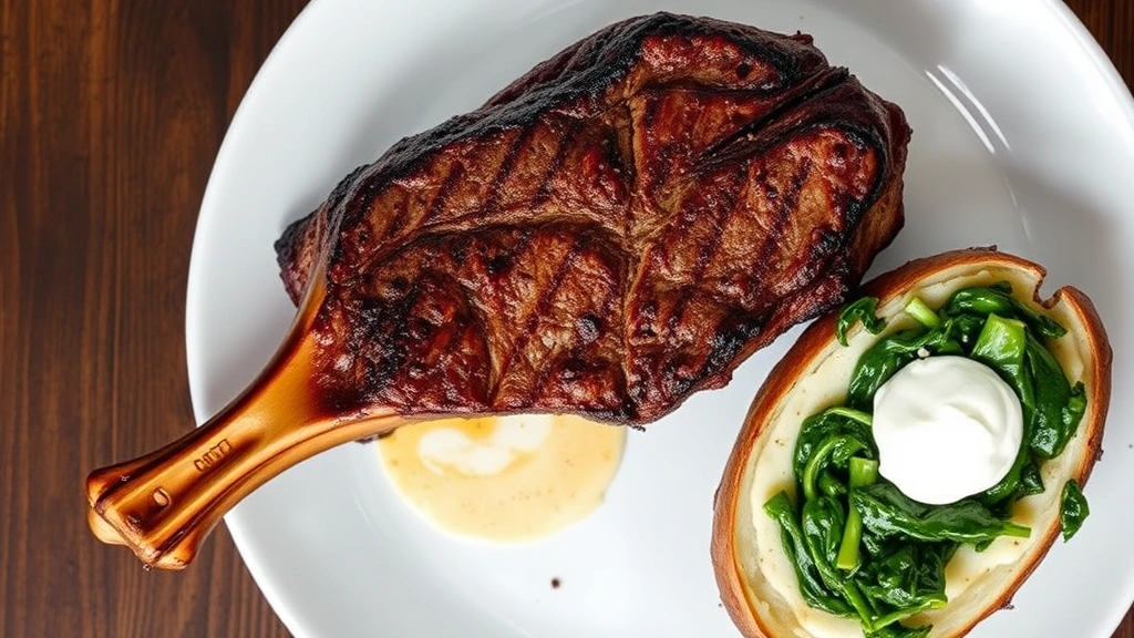 Overhead view of a perfectly seared 20-ounce bone-in ribeye steak with beautiful crust on white plate, medium-rare interior visible from cut, surrounded by creamed spinach and loaded baked potato with sour cream