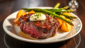 Perfectly seared ribeye steak with pink center, topped with herb butter, served with golden roasted potatoes and fresh asparagus on elegant white plate with dramatic lighting