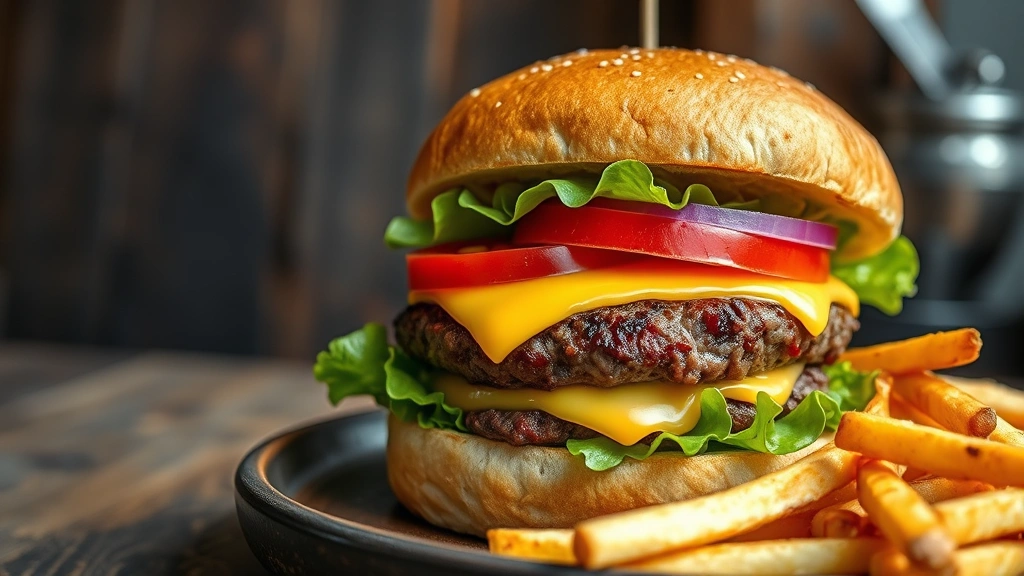 Gourmet burger with thick beef patty, melted cheese, crisp lettuce, fresh tomato, raw onion on toasted bun, served with golden french fries in rustic setting