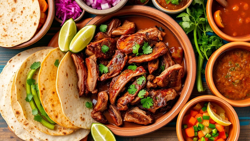 Colorful Mexican feast with handmade tortillas, slow-braised carnitas, fresh cilantro, lime wedges, traditional mole sauce in clay bowl, vibrant salsas