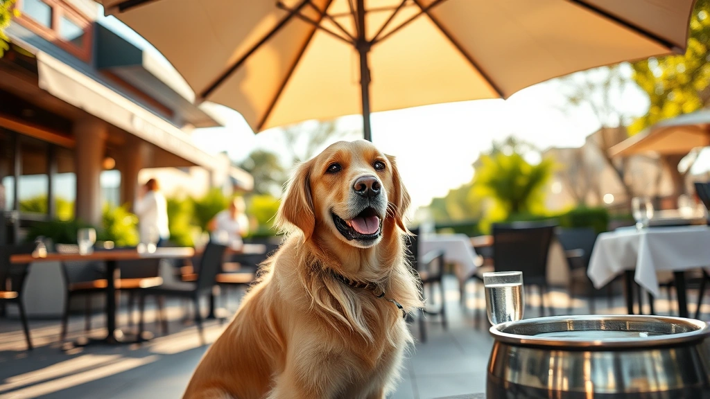 Golden retriever sitting contentedly under a shaded patio umbrella at an upscale restaurant, with fresh water bowl and outdoor dining setup visible, warm afternoon lighting, relaxed outdoor dining atmosphere
