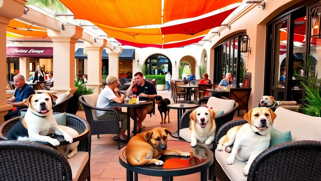 Mediterranean-style restaurant patio with multiple dogs of different breeds relaxing on comfortable outdoor furniture while their owners dine, colorful shade structures overhead, natural daylight, sophisticated casual dining environment