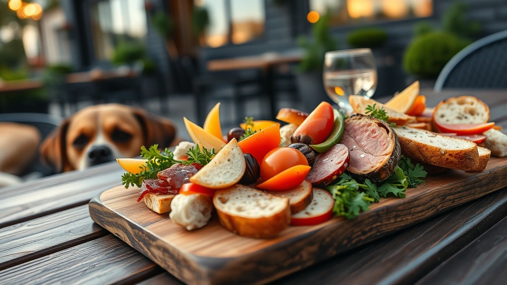 Close-up of fresh appetizer platter on outdoor patio table with dog resting nearby, featuring artisanal bread, seasonal vegetables, and charcuterie, soft evening golden hour lighting, blurred restaurant background