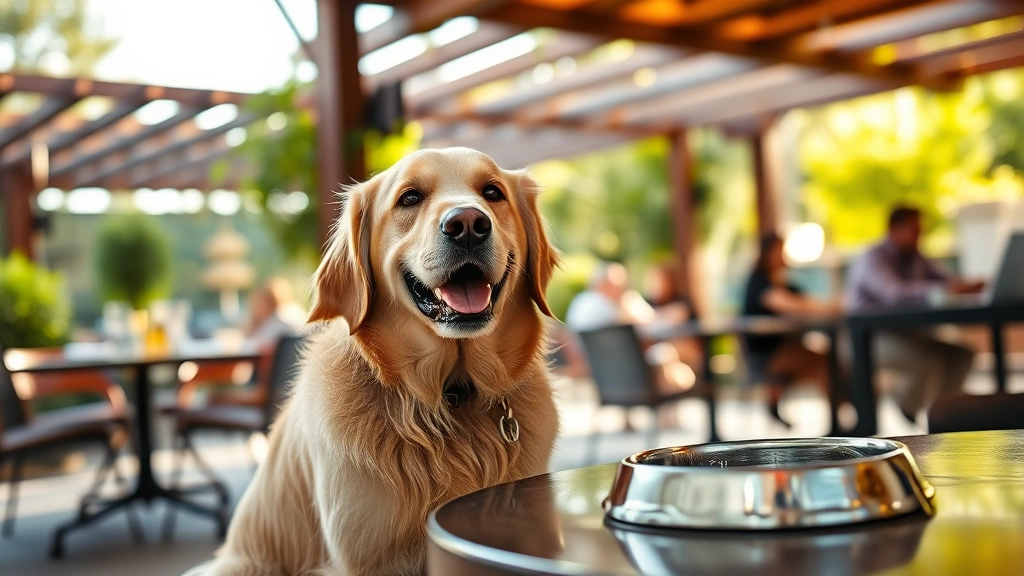 Golden retriever sitting contentedly under a pergola-shaded outdoor dining table with fresh water bowl nearby, soft afternoon light filtering through wooden lattice, upscale restaurant patio setting with blurred diners in background enjoying meals