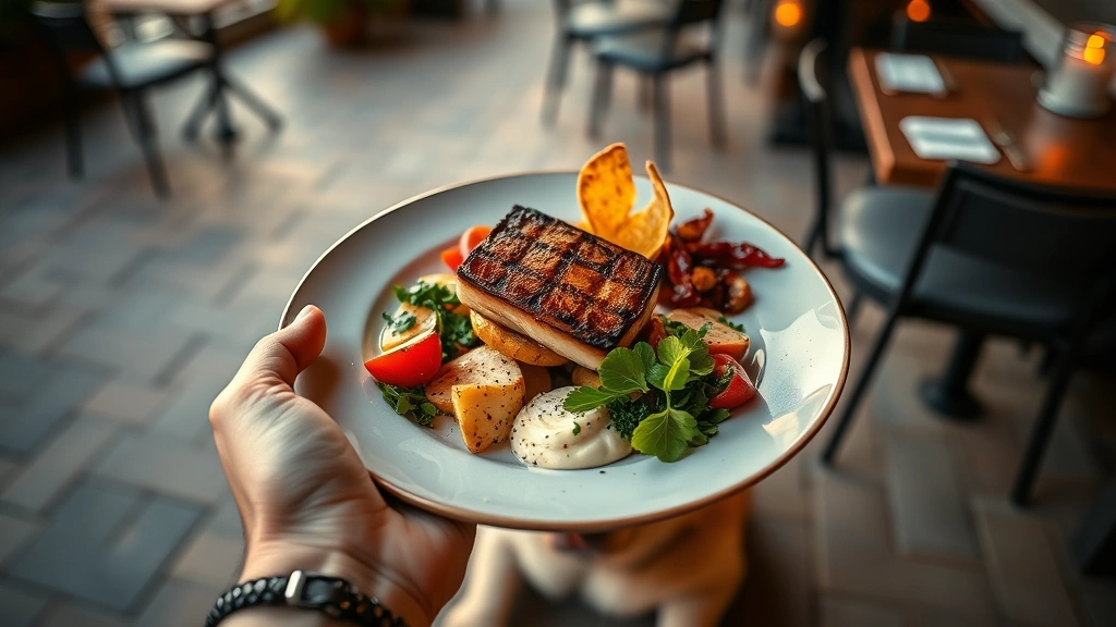 Close-up of hands holding a gourmet plated dish with perfectly seared protein and artfully arranged vegetables over soft-focused dog relaxing peacefully on patio flooring, warm golden hour lighting, elegant restaurant atmosphere
