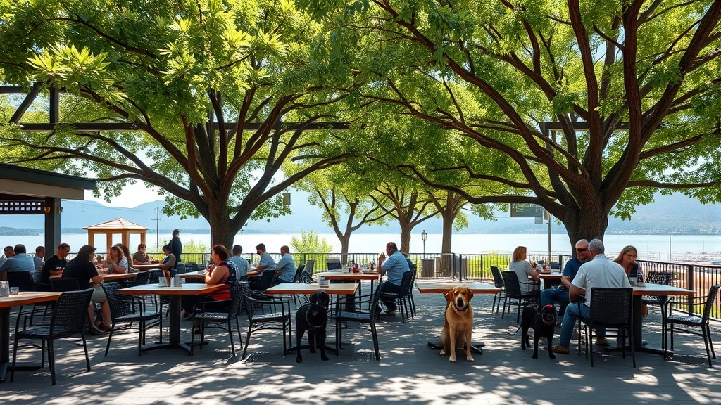 Wide shot of spacious dog-friendly restaurant patio with multiple tables, mature shade trees providing natural coverage, several well-behaved dogs on leashes beside seated diners, fresh water bowls visible, serene outdoor dining environment with mountain or waterfront backdrop