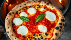 Overhead shot of freshly baked Neapolitan pizza with leopard-spotted crust, melted mozzarella di bufala, vibrant red San Marzano sauce, and fresh green basil leaf, wood-fired oven background blurred