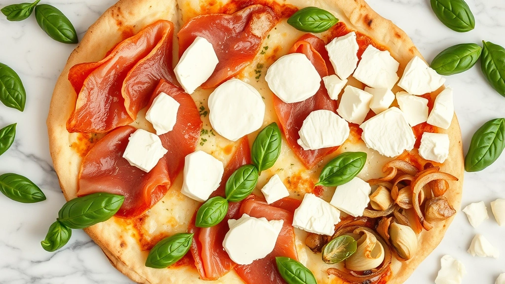 Overhead flat lay of premium pizza toppings: sliced San Daniele prosciutto, creamy ricotta dollops, fresh mozzarella torn pieces, roasted garlic cloves, caramelized onions, and basil leaves arranged on marble surface
