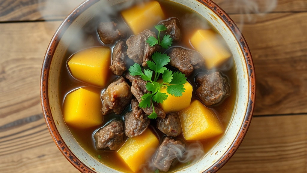 Overhead shot of steaming bowl of Dominican sancocho stew with tender beef chunks, yuca, plantains, and yams in rich golden broth, garnished with fresh cilantro, rustic ceramic bowl, wooden table, natural lighting