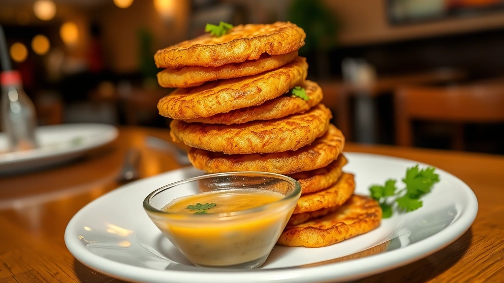 Golden crispy tostones (twice-fried plantain discs) stacked on white plate with small bowl of garlicky mojo sauce, garnished with cilantro sprigs, warm restaurant lighting, shallow depth of field