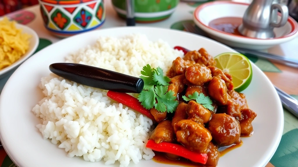 Complete Dominican lunch plate featuring white rice, glossy red habichuelas guisadas, tender carne guisada with cilantro, lime wedge on side, colorful ceramic dishware, authentic Dominican restaurant setting