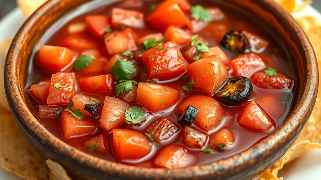 Fresh salsa in a rustic ceramic bowl with vibrant red tomato chunks, green cilantro flecks, and charred jalapeño pieces visible, served with crispy tortilla chips on white plate, natural lighting showing texture detail