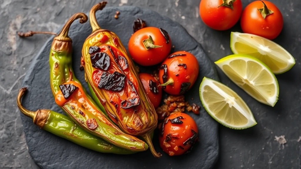 Close-up overhead shot of roasted jalapeños and charred tomatoes on dark stone surface, showing caramelized edges and fresh lime wedges nearby, professional food photography style