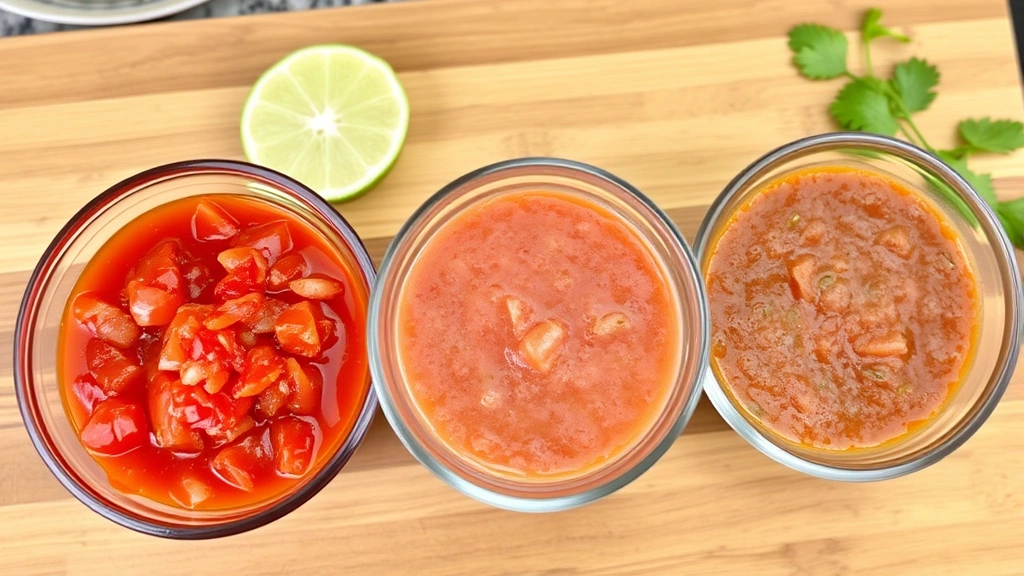 Side-by-side comparison of three different salsas in clear glass bowls showing texture differences, one bright red and chunky, one smooth, one medium consistency, arranged on wooden tasting board with lime and cilantro garnish