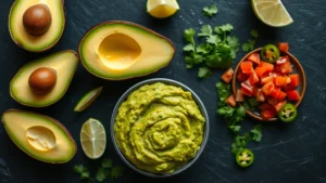 Close-up overhead shot of vibrant fresh guacamole being prepared tableside with avocado halves, lime wedges, cilantro, diced tomatoes, and jalapeños on a dark slate surface, soft natural lighting highlighting the bright green hues and fresh ingredients