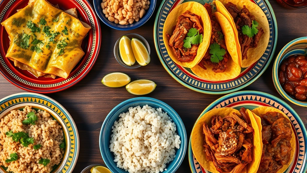 Artistic flat-lay composition of multiple Mexican dishes: enchiladas verdes with melted cheese, carnitas tacos on warm corn tortillas, rice and refried beans in separate portions, all arranged on colorful ceramic plates with cilantro garnish and lime wedges, warm golden-hour lighting