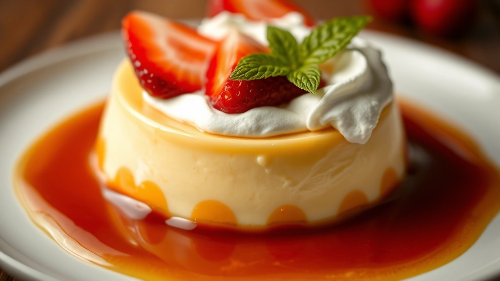 Decadent close-up of traditional flan dessert with glossy caramel sauce pooling beneath creamy custard, topped with whipped cream and fresh strawberry slices, garnished with mint leaf, shallow depth of field creating elegant dining presentation