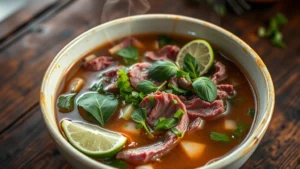 Close-up of steaming bowl of pho with rare beef slices, fresh herbs, and amber-colored broth, steam rising, garnished with Thai basil and lime wedges on rustic wooden table