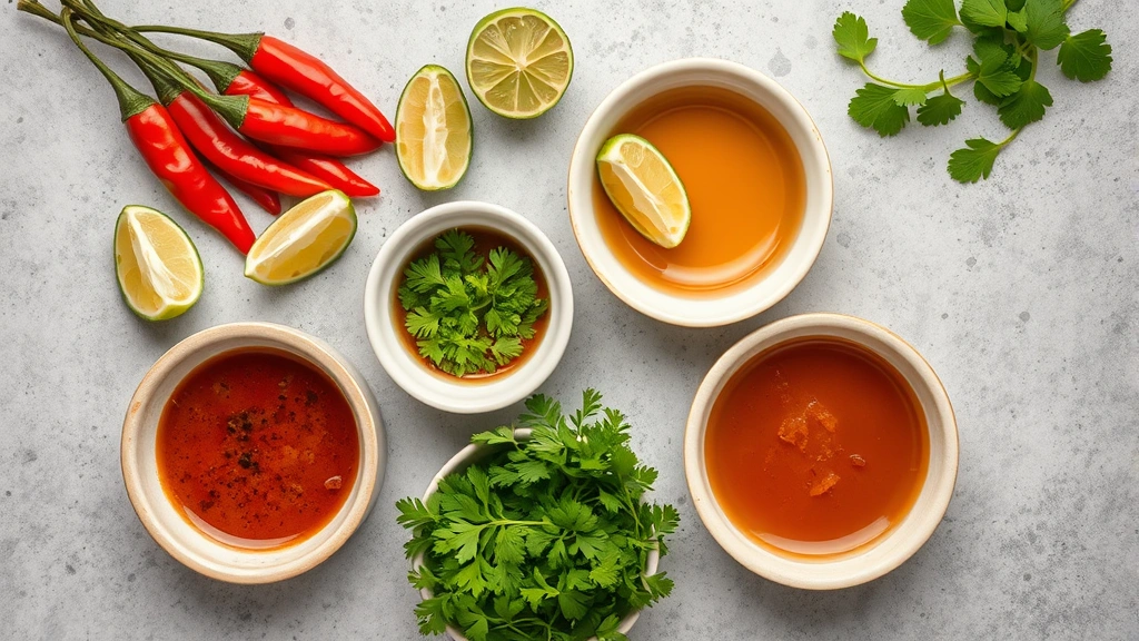 Overhead shot of Vietnamese condiment station with fresh Thai chilies, lime wedges, fish sauce, vinegar, fresh cilantro, mint, and sawtooth Vietnamese cilantro arranged in small ceramic bowls