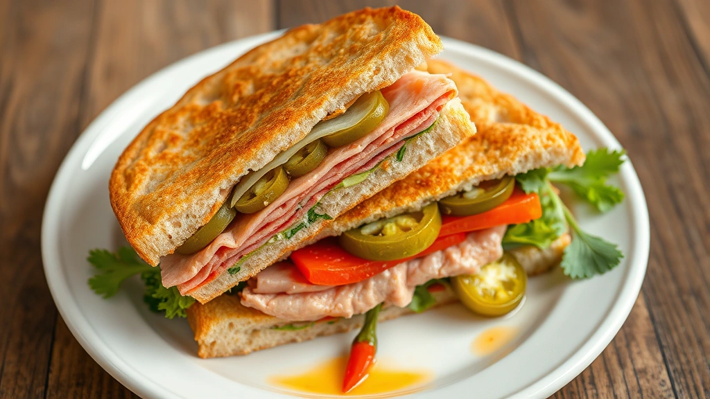 Plated banh mi sandwich cut diagonally showing crusty exterior, visible layers of pâté, Vietnamese cold cuts, pickled vegetables, jalapeños, and fresh herbs, arranged on white ceramic plate with crunchy texture visible