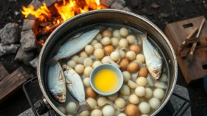 Overhead shot of traditional Door County fish boil in large kettle: fresh whitefish, boiled potatoes, onions, melted butter in small dish, steam rising, outdoor setting with fire pit