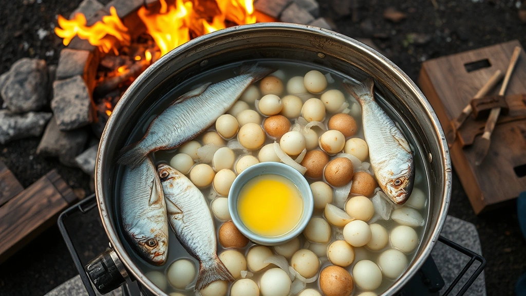 Overhead shot of traditional Door County fish boil in large kettle: fresh whitefish, boiled potatoes, onions, melted butter in small dish, steam rising, outdoor setting with fire pit