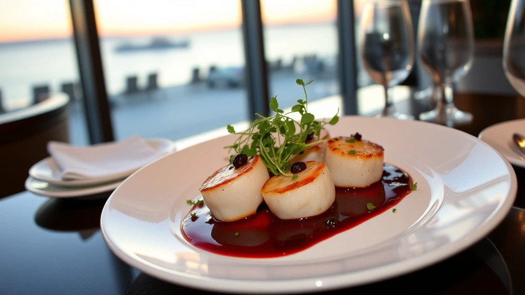 Plated fine dining dish featuring pan-seared scallops with herb oil, microgreens, and cherry gastrique reduction, elegant white plate, restaurant table overlooking Lake Michigan sunset