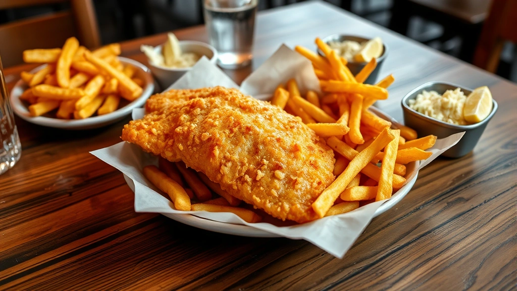 Rustic wooden table laden with comfort food: fish and chips with golden crispy beer batter, hand-cut fries, coleslaw, tartar sauce, fresh lemon wedges, casual restaurant ambiance