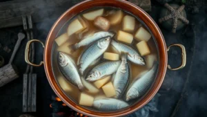 Overhead view of a traditional Door County fish boil in a large copper kettle with whitefish, potatoes, and onions in steaming broth, flames visible beneath the pot, rustic lakeside setting