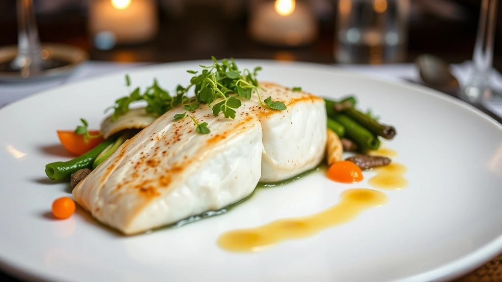 Plated fine dining dish featuring seared Lake Michigan whitefish with seasonal vegetables, microgreens, and elegant sauce presentation on white porcelain, professional restaurant lighting