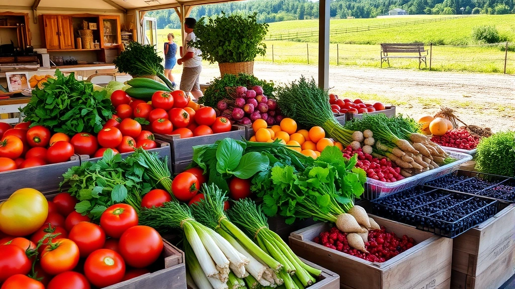 Farmers market scene with local Door County produce including heirloom tomatoes, fresh herbs, root vegetables, and berries displayed in wooden crates, morning sunlight, farmland background
