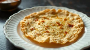 Golden-brown crispy dosa with lacy edges on white ceramic plate, glistening ghee visible, steam rising, traditional South Indian presentation