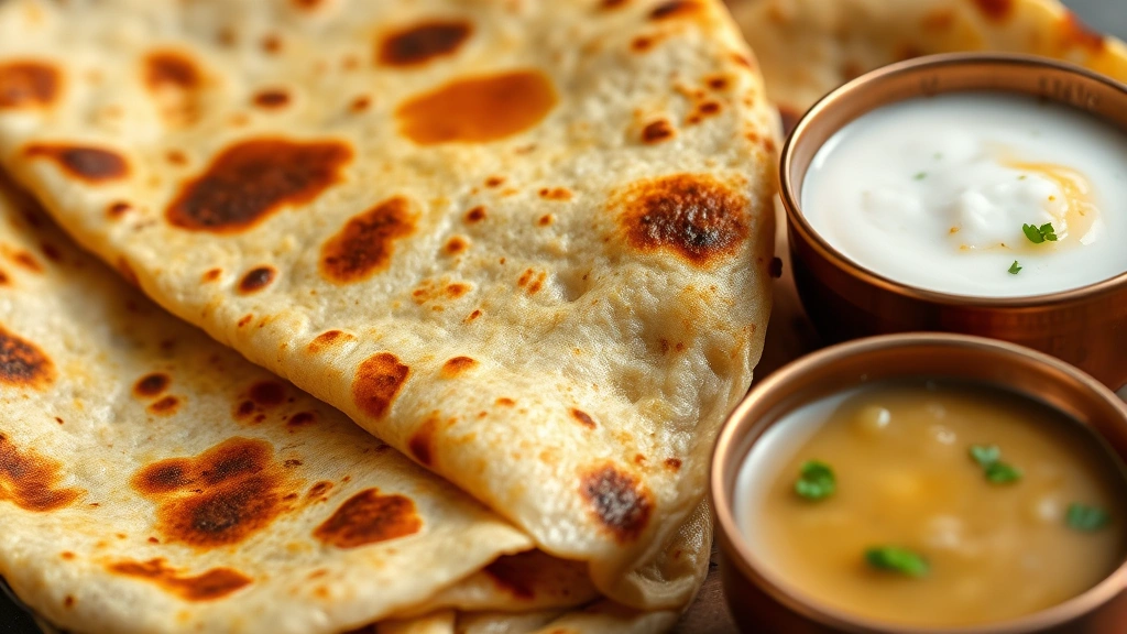 Close-up of perfectly spread masala dosa showing potato-onion filling, crispy exterior texture detail, served with copper bowls of sambhar and coconut chutney