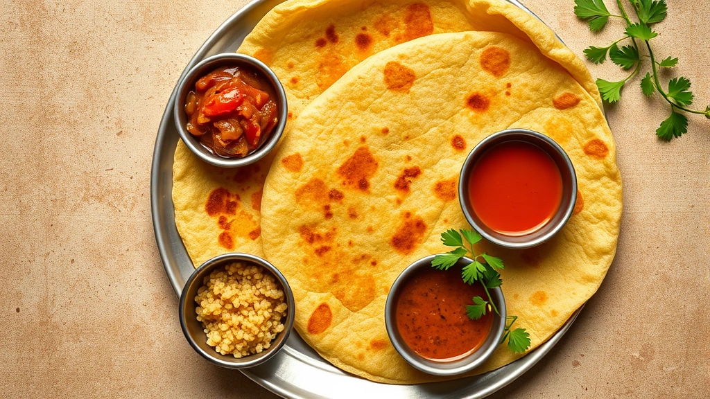 Overhead flat lay of complete dosa meal setup featuring crispy crepe, three traditional condiments in small bowls, fresh cilantro garnish, warm lighting