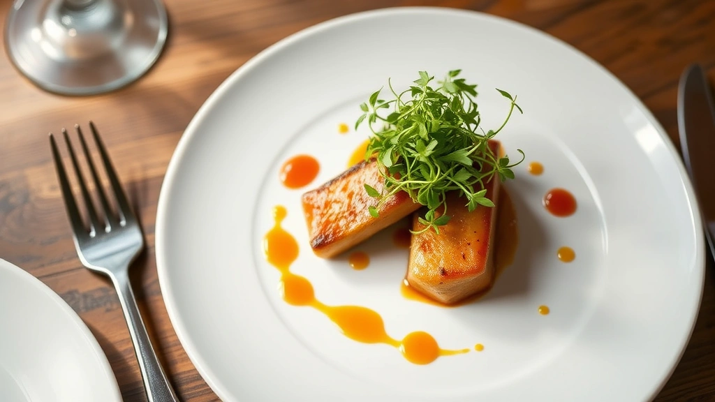 Overhead shot of an elegantly plated fine dining dish with microgreens, sauce dots, and premium protein on white ceramic plate, soft natural lighting, professional restaurant setting