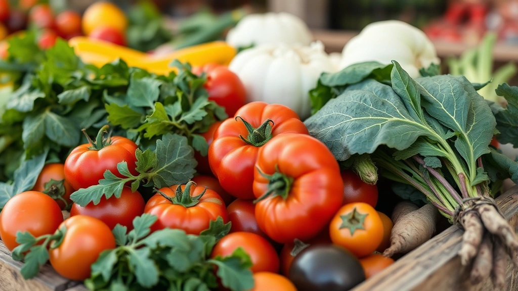 Close-up of fresh colorful seasonal vegetables at a farmers market—heirloom tomatoes, leafy greens, root vegetables, vibrant natural colors, morning light, rustic wooden crate