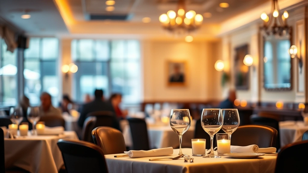 Intimate restaurant dining room with soft amber lighting, white tablecloths, wine glasses, candlelit atmosphere, warm and inviting ambiance, blurred diners in background