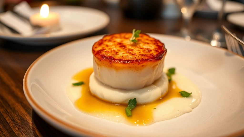 Perfectly seared scallop with golden caramelized exterior, tender translucent center, resting on creamy cauliflower puree with microgreens and brown butter sauce droplets, professional plating, fine dining presentation, shallow depth of field, warm restaurant lighting