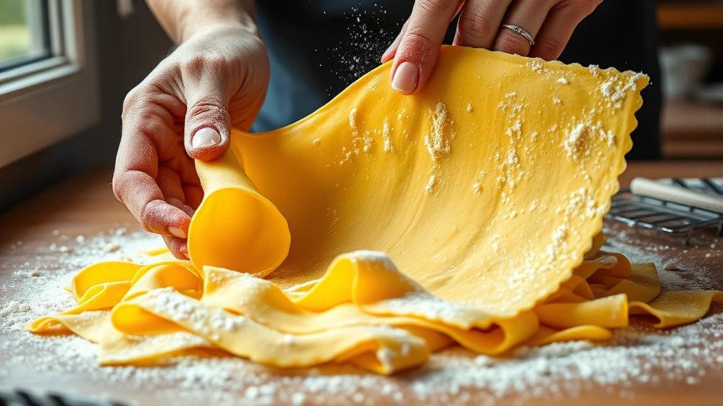 Vibrant fresh pasta sheet being cut by hand, dusted with flour, showing open texture and golden egg-rich color, skilled hands with flour dust, artisanal preparation, natural window light, close-up detail, Italian culinary tradition