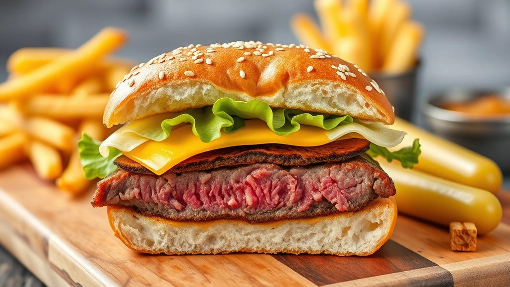 Gourmet burger cross-section showing perfectly cooked beef patty with pink center, melted cheese, crispy lettuce, and artisanal bun with sesame seeds, served on rustic wooden board with fries and pickles beside, appetizing composition, professional food photography, warm overhead lighting