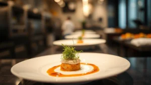 Elegant plated fine dining dish with microgreens and artistic sauce drizzle on white porcelain, professional restaurant kitchen lighting, shallow depth of field emphasizing food details